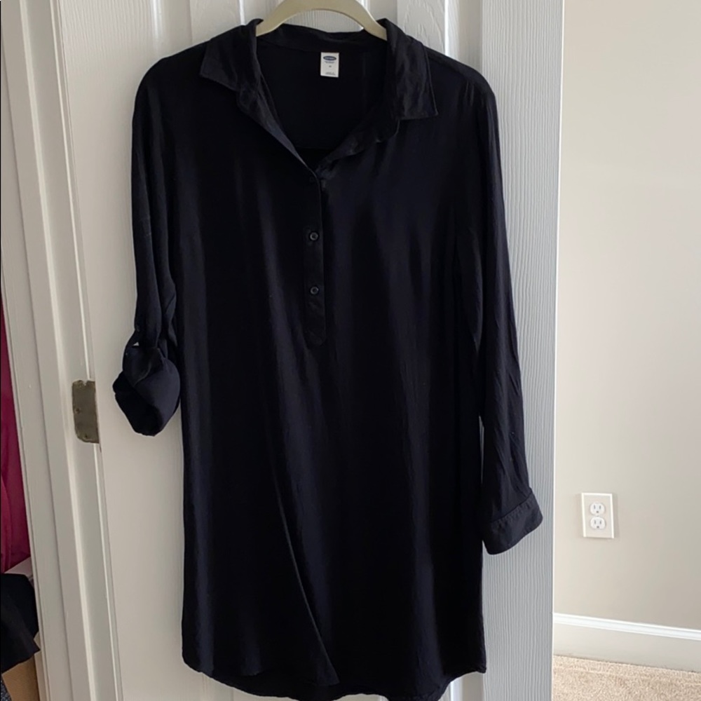 Old Navy Black Roll Tab Sleeve Split Neck Button Placket Shirt Dress Size M